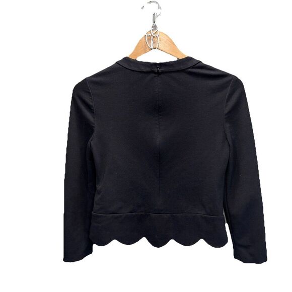 Kate Spade Black Ponte Knit Top 00 Long Sleeve Scallop Hem Zip Back Minimalist - Picture 3 of 12
